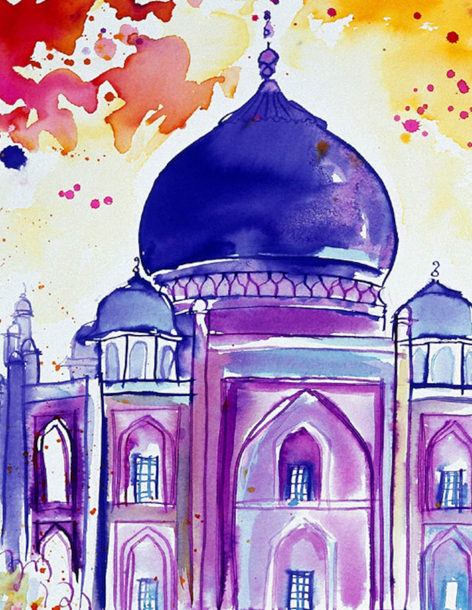 TAJ MAHAL INDIA Print Aquarelle rose violet et orange Etsy