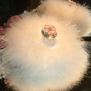 Powder Puff ~ Body Dusting Powder Puff ~ White Marabou Down Feather Trim Rhinestone Embellished Pink Daisy Handle