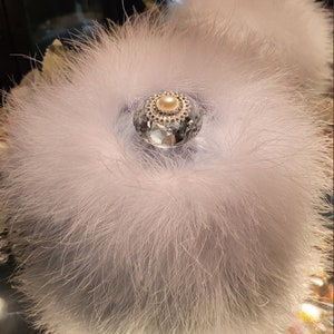 White Down Feather Trimmed Blue Faux Fur Puff  Body Dusting Powder Pearl & Rhinestone Embellished Handle