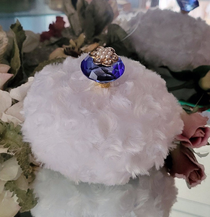 White Faux Fur Body Dusting Powder Puff Blue Pearl Embellished Crystal