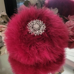 Scarlet Down Feather Trimmed Ivory Faux Fur Puff  Body Dusting Powder  Rhinestone Embellished Handle