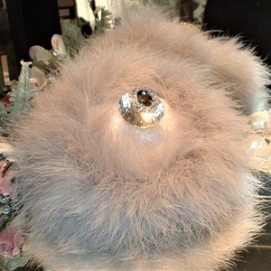 Powder Puff ~ Body Dusting Powder Puff ~ Ivory Fur Puff Trimmed in Silver / Gray Marabou ~  Rhinestone Embellished Handle