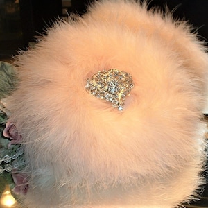 Powder Puff ~ Body Dusting Powder Puff ~ Off White Fur Puff with Blush Marabou Trim ~ Rhinestone Heart Embellished Handle