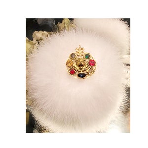 Powder Puff ~ Body Dusting Powder Puff ~ White Faux Fur Puff Trimmed in Marabou Down ~ Lion Head w/ Rhinestone Embellished Handle