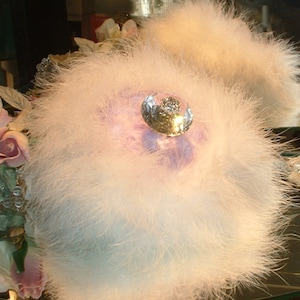 Powder Puff ~ Body Dusting Powder Puff ~ Lilac Faux Fur Puff Trimmed in White Marabou Down ~ Rhinestone Embellished Handle