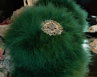 Powder Puff ~ Body Dusting Powder Puff ~ Ivory Fur Puff with Dark Green Down Trim ~ Rhinestone Embellished Handle