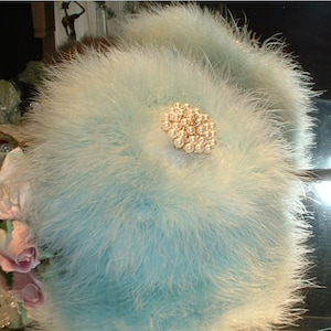 Powder Puff ~ Body Dusting Powder Puff ~ White Puff Trimmed in Blue Marabou Down ~ Pearl and Rhinestone Embellished Handle