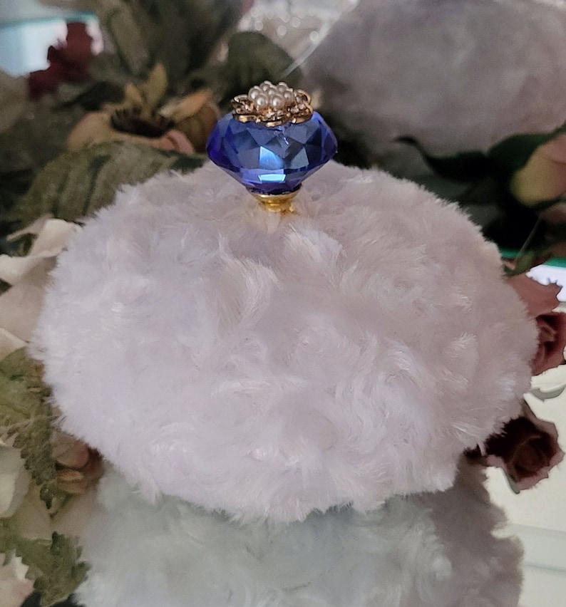 White Faux Fur Body Dusting Powder Puff Blue Pearl Embellished Crystal