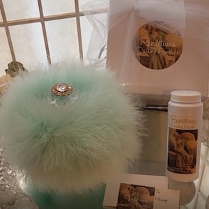Sea Foam ~ 6 oz Scented Dusting Powder w/ Rhinestone Handle Puff & Glass Stand by Renditions