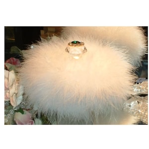 Body Dusting Powder Puff ~ White Faux Fur Puff w/ White Down Feather Trim ~ Emerald Green Rhinestone Embellished Handle
