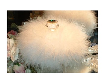 Body Dusting Powder Puff ~ White Faux Fur Puff w/ White Down Feather Trim ~ Emerald Green Rhinestone Embellished Handle