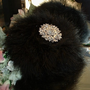 Powder Puff ~ Body Dusting Powder Puff ~ Ivory Fur Puff with Black Marabou Trim ~ Rhinestone Embellished Handle