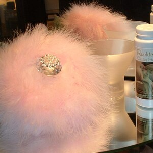 Soft Down Feather and Rhinestone Embellished Plush Fur Puff Set w/ Stand and Pink Cotton Candy Scented Body Bath Dusting Powder in Gift Box