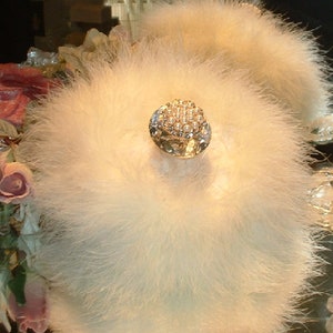 Powder Puff ~ Body Dusting Powder Puff ~ Cream Faux Fur Puff Trimmed in Cream Marabou Down ~ Pearl and Rhinestone Embellished Handle