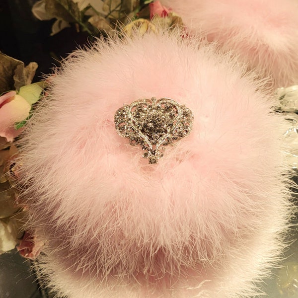 Ivory Fur Puff Trimmed in Pale Baby Girl Pink Marabou Down ~ Body Dusting Powder Puff  ~ Heart Shaped Rhinestone Embellished Handle