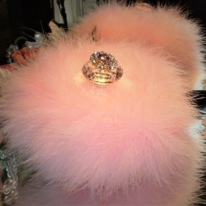 Powder Puff ~ Body Dusting Powder Puff ~ Off White Fur Puff with Pink Down Trim ~ Rhinestone Embellished Handle
