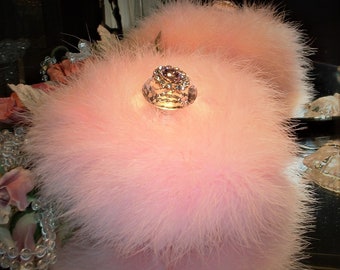 Powder Puff ~ Body Dusting Powder Puff ~ Off White Fur Puff with Pink Down Trim ~ Rhinestone Embellished Handle