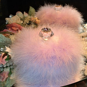 Down Feather Trimmed White Faux Fur Puff Lilac Violet Lavender Body Dusting Powder Rhinestone Embellished Handle