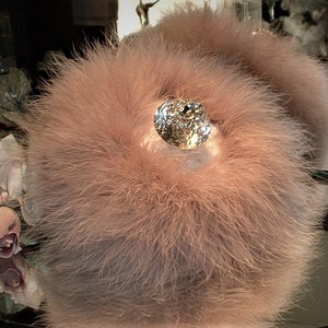 Powder Puff ~ Body Dusting Powder Puff ~ White Fur Puff with Dusty Mauve Trim ~ Rhinestone Embellished Handle