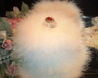 Powder Puff ~ Body Dusting Powder Puff ~ White Puff with White Marabou Trim ~ Rhinestone Embellished Handle