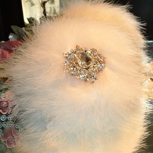 Powder Puff ~ Body Dusting Powder Puff ~ Ivory Fur Puff with Ivory Marabou Down Trim ~ Rhinestone Embellished Handle