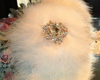 Powder Puff ~ Body Dusting Powder Puff ~ Ivory Fur Puff with Ivory Marabou Down Trim ~ Rhinestone Embellished Handle