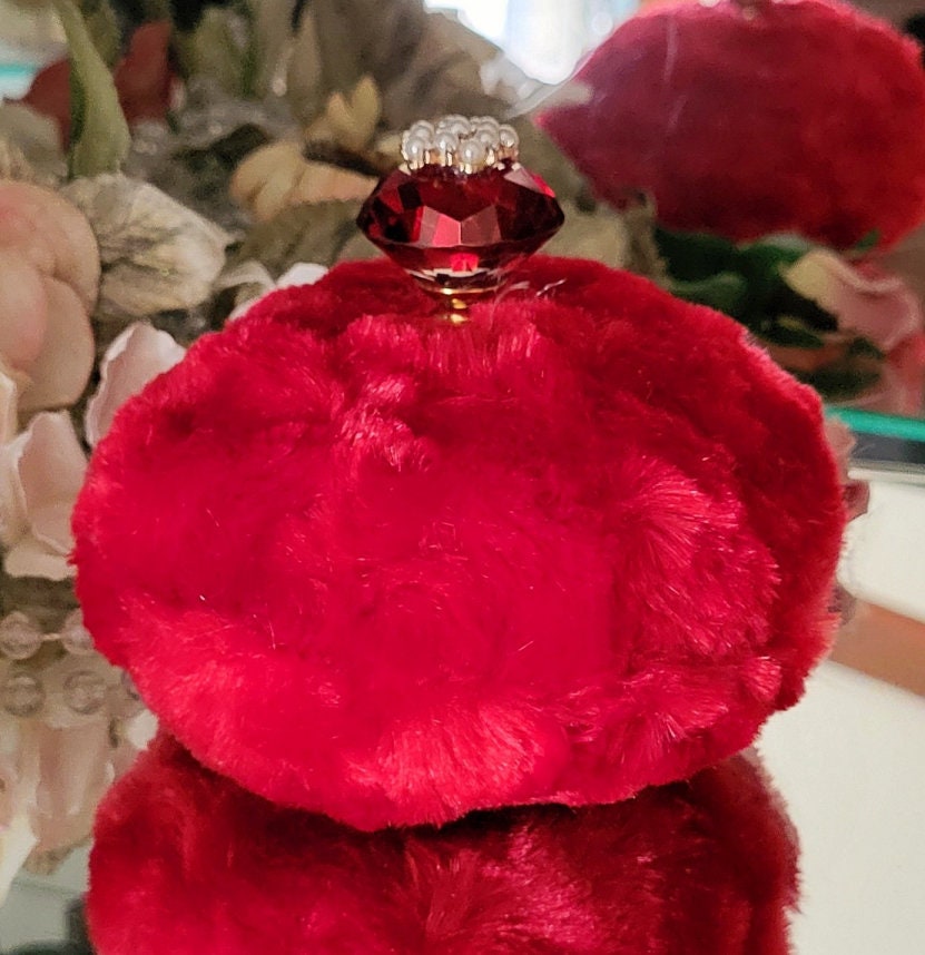 Risque Red Faux Fur Body Dusting Powder Puff ~  Pearl and Rhinestone Embellished Handle