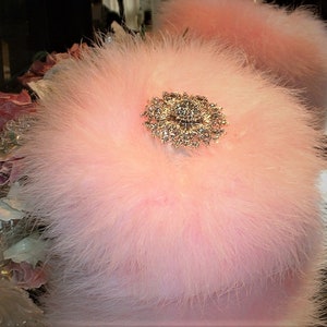 Powder Puff ~ Body Dusting Powder Puff ~ White Fur Puff with Pink Down Trim ~ Rhinestone Embellished Handle