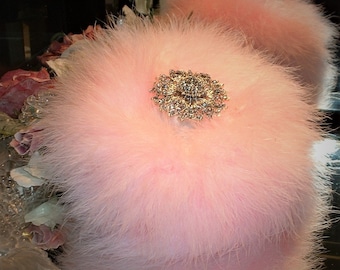 Powder Puff ~ Body Dusting Powder Puff ~ White Fur Puff with Pink Down Trim ~ Rhinestone Embellished Handle