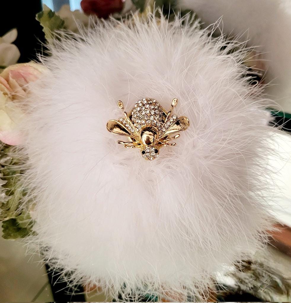 Rhinestone Bumble Bee Mini Body Dusting Powder Puff Duster White Down Feather Trim