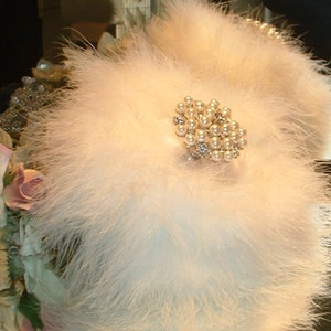 Powder Puff ~ Body Dusting Powder Puff ~ White Fur Puff Trimmed in White Marabou ~  Pearl and Rhinestone Embellished Handle
