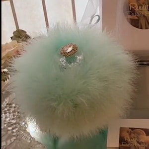 Powder Puff ~ Body Dusting Powder Puff ~ Seafoam and Marabou Down Trim ~  Rhinestone Embellished Handle