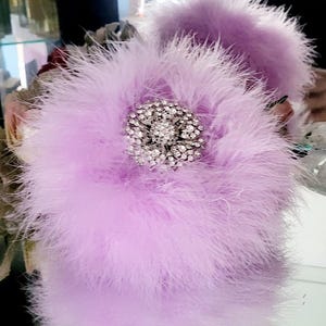 White Puff Trimmed w/ Light Purple Lavender Down Feathers Body Powder Puff ~ Rhinestone Embellished Handle
