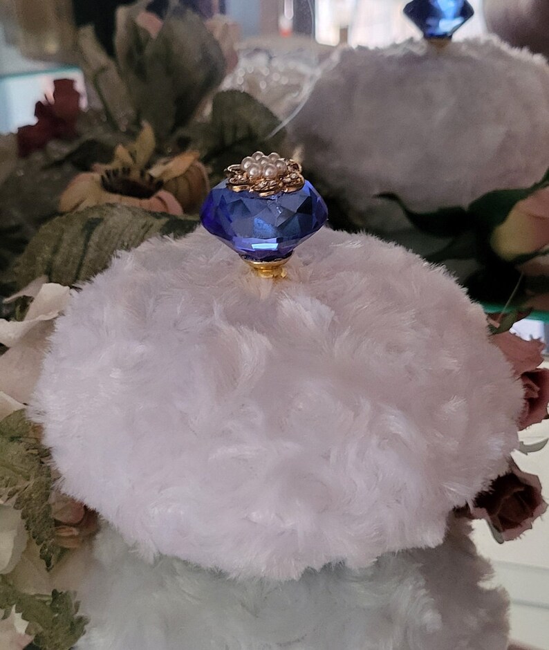 White Faux Fur Body Dusting Powder Puff Blue Pearl Embellished Crystal