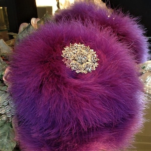 Powder Puff ~ Body Dusting Powder Puff ~ Ivory Fur Puff with Magenta Marabou Trim ~ Rhinestone Embellished Handle