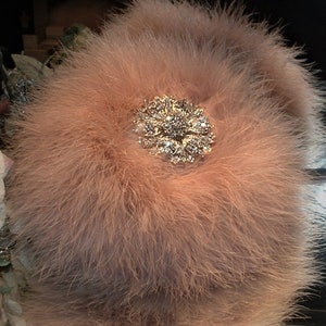 Powder Puff ~ Body Dusting Powder Puff ~ Ivory Fur Puff with Dusty Mauve Trim ~ Rhinestone Embellished Handle