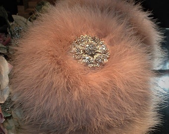 Powder Puff ~ Body Dusting Powder Puff ~ Ivory Fur Puff with Dusty Mauve Trim ~ Rhinestone Embellished Handle