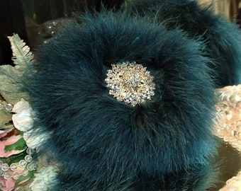 Powder Puff ~ Body Dusting Powder Puff ~ Ivory Fur Puff with Dark Teal Down Trim ~ Rhinestone Embellished Handle