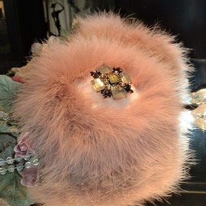 Powder Puff ~ Body Dusting Powder Puff ~ Ivory Fur Puff with Dusty Mauve Trim ~ Rhinestone Embellished Art Deco Handle