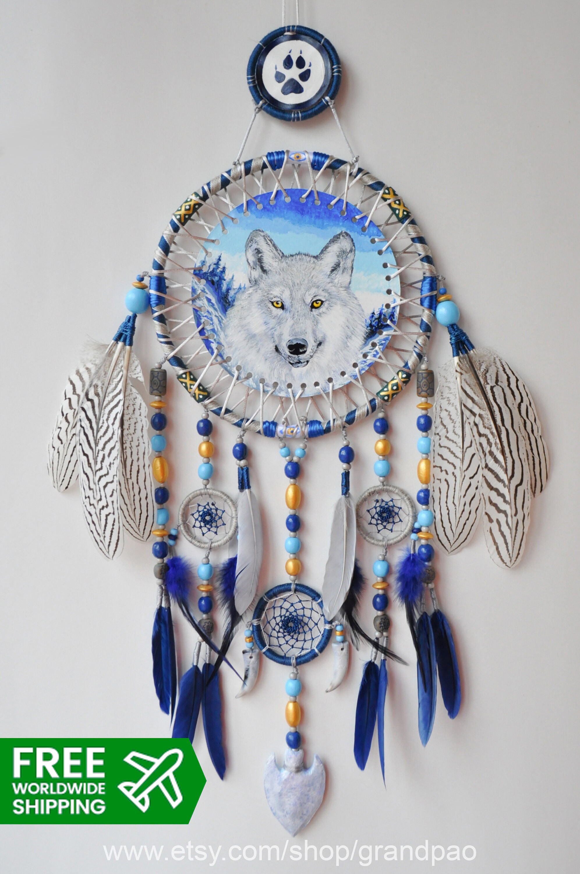 Big Wolf Wolves Dream Catcher Pretty Feathers Indoor Or Outdoor Decorations Gift 