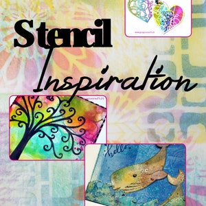 May include: A collage of images showcasing stencil art. The title "Stencil Inspiration" is at the top of the image. The images show a tree, a whale, and a heart. The text "Giovanna Zara & Friends" is at the bottom of the image. The text "Video, ideas and inspiration from all over the world using my stencils" is below the name.