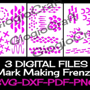 Peut inclure: Trois fichiers numériques pour créer des motifs et des designs. Les fichiers comprennent une variété de formes, de lignes et de textures en rose vif. Le texte "3 DIGITAL FILES Mark Making Frenzy SVG-DXF-PDF-PNG" est en bas de l'image.
