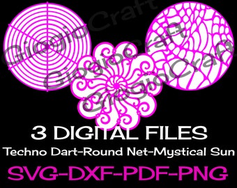 3 SVG DXF PNG Vector files, for Cameo, Cricut, laser cut 'Techno Dart,Round Net,Sun' for MixedMedia GelPrinting ArtJournal Scrapbooking