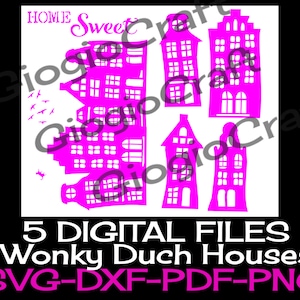 5 archivos vectoriales SVG DXF, para Cameo, Cricut, corte láser 'Wonky Dutch Houses' para MixedMedia GelPrinting ArtJournal Scrapbooking