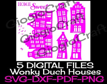 5 SVG DXF Vector files, for Cameo, Cricut, laser cut 'Wonky Dutch Houses' for MixedMedia GelPrinting ArtJournal Scrapbooking