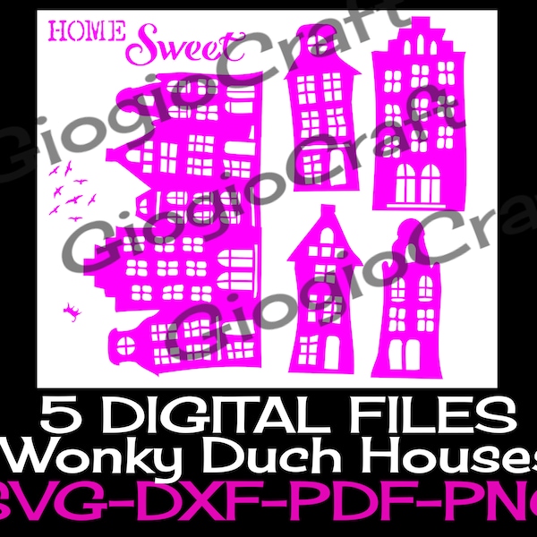 5 SVG DXF Vector files, for Cameo, Cricut, laser cut 'Wonky Dutch Houses' for MixedMedia GelPrinting ArtJournal Scrapbooking