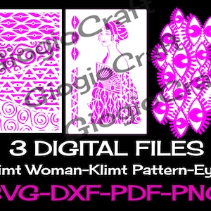 Könnte beinhalten: Drei digitale Dateien zum Basteln: ein Frauenporträt im Stil von Gustav Klimt, ein sich wiederholendes Muster aus wirbelnden Linien und Kreisen und ein Muster aus stilisierten Augen. Die Dateien liegen in den Formaten SVG, DXF, PDF und PNG vor.