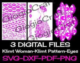 3 SVG DXF PNG Vector files, for Cameo, Cricut, laser cut 'Klimt Woman,Klimt pattern,Eyes' for MixedMedia GelPrinting ArtJournal Scrapbooking