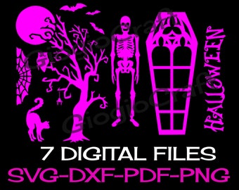 7 SVG DXF PNG Vector files, for Cameo, Cricut, laser cut 'Halloween Bundle' for MixedMedia GelPrinting ArtJournal Scrapbooking