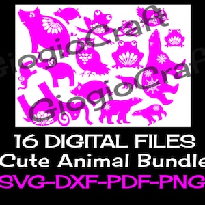 16 fichiers SVG DXF Vector, pour Cameo, Cricut, découpe laser 'Cute Animal Bundle' pour MixedMedia GelPrinting ArtJournal Scrapbooking